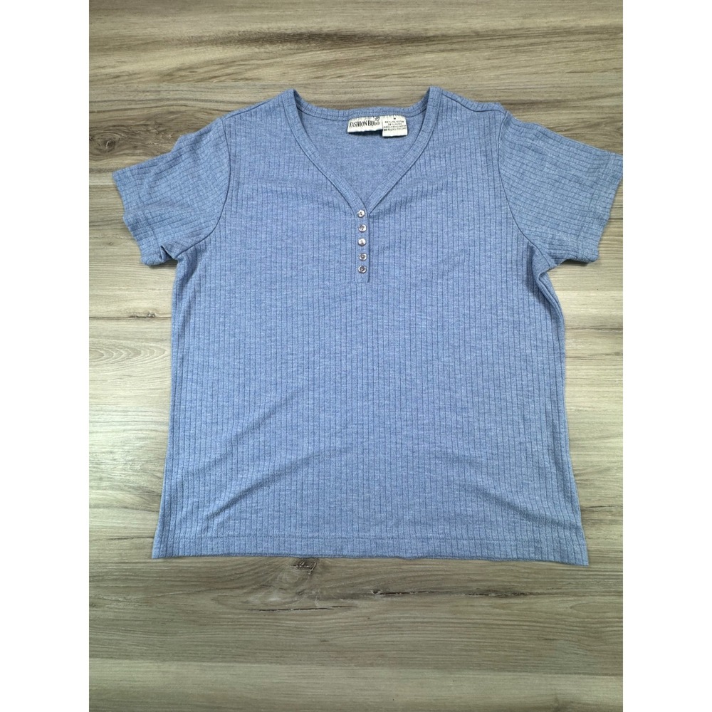 Vintage 90s Fashion‎ Bug Blue Ribbed Henley Tee M Coastal Grandma Soft Girl